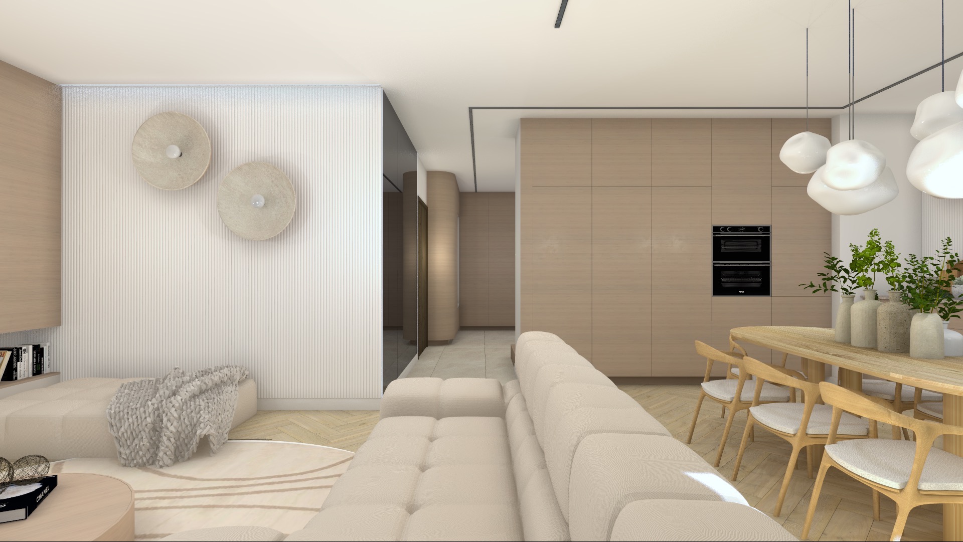 Wizualizacja wnętrza mieszkania w jasnych barwach z drewnianą zabudową kuchenną, okrągłym stołem jadalnym z krzesłami, beżową sofą i okrągłymi dekoracjami ściennymi.