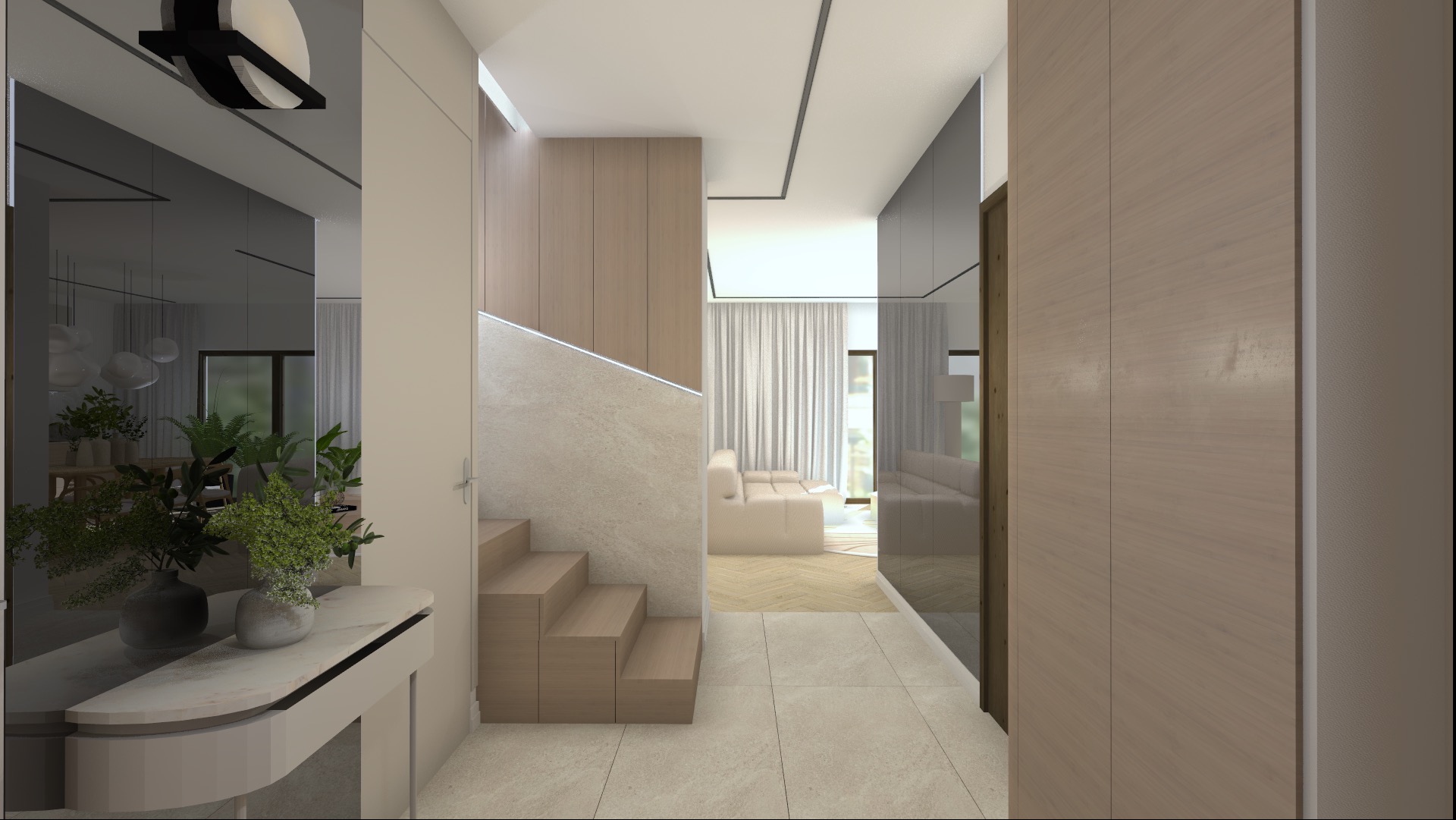 Wnętrze nowoczesnego mieszkania z jasnymi ścianami, drewnianymi schodami z podświetleniem LED, lustrem, konsolą z roślinami i widokiem na salon z sofą i zasłonami.