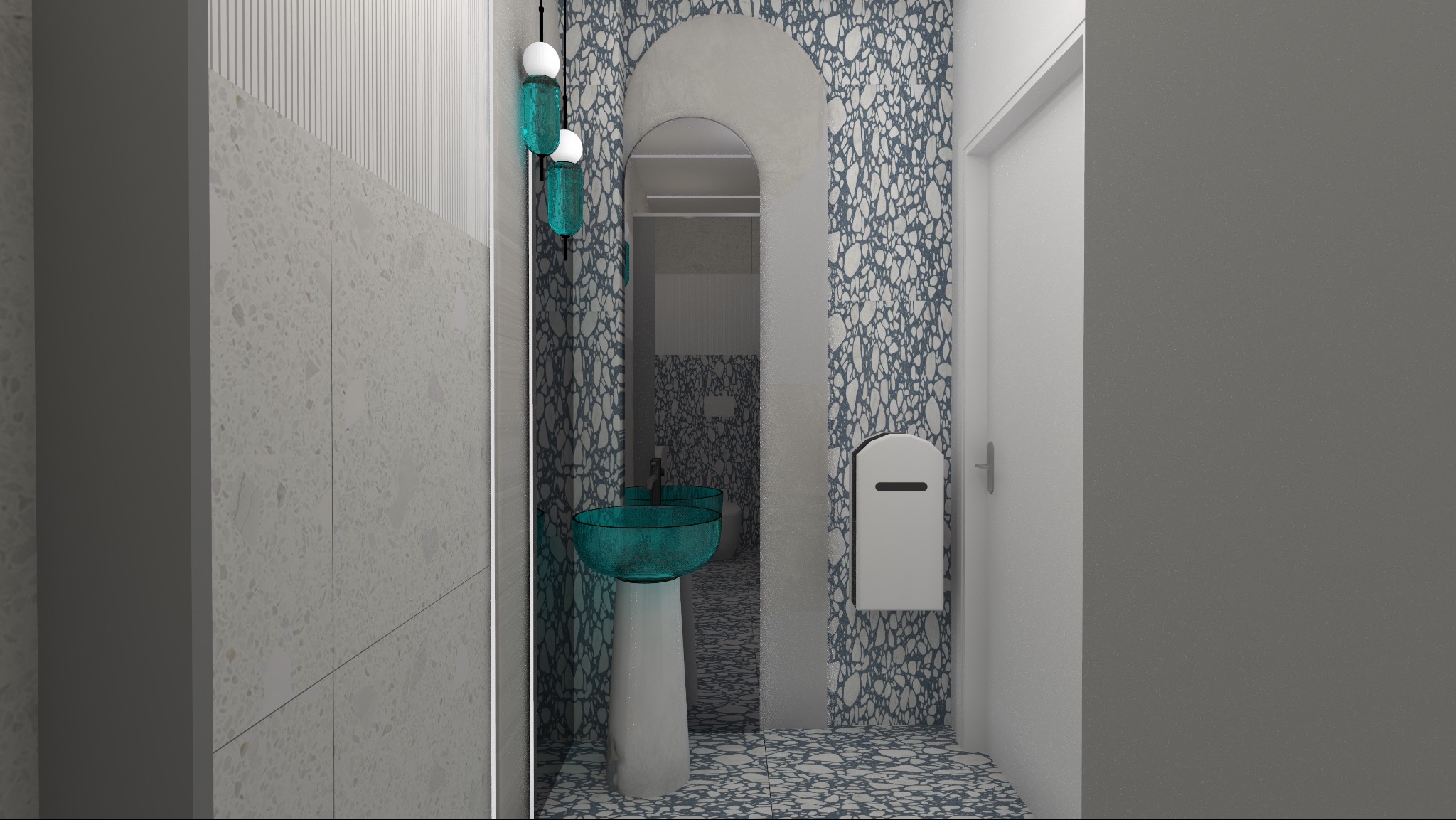 Wizualizacja łazienki z umywalką z turkusowego szkła na postumencie, wzorzystą tapetą w odcieniach błękitu i szarości oraz lustrem w kształcie łuku.