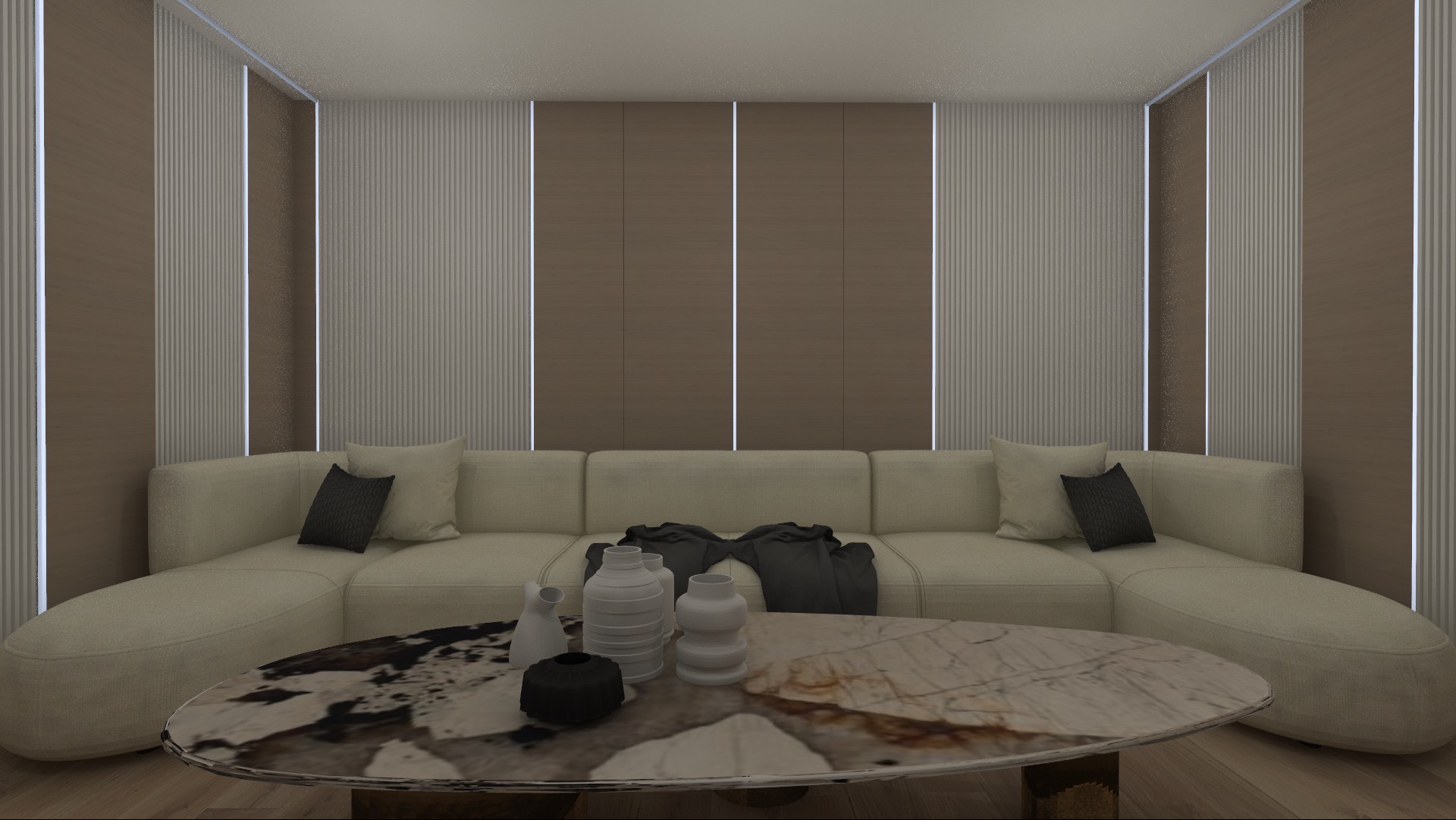 Wizualizacja salonu z beżową, modułową sofą, marmurowym stolikiem kawowym i dekoracyjnymi wazonami na blacie. Ściana z paneli w odcieniach brązu i beżu z subtelnym oświetleniem LED.