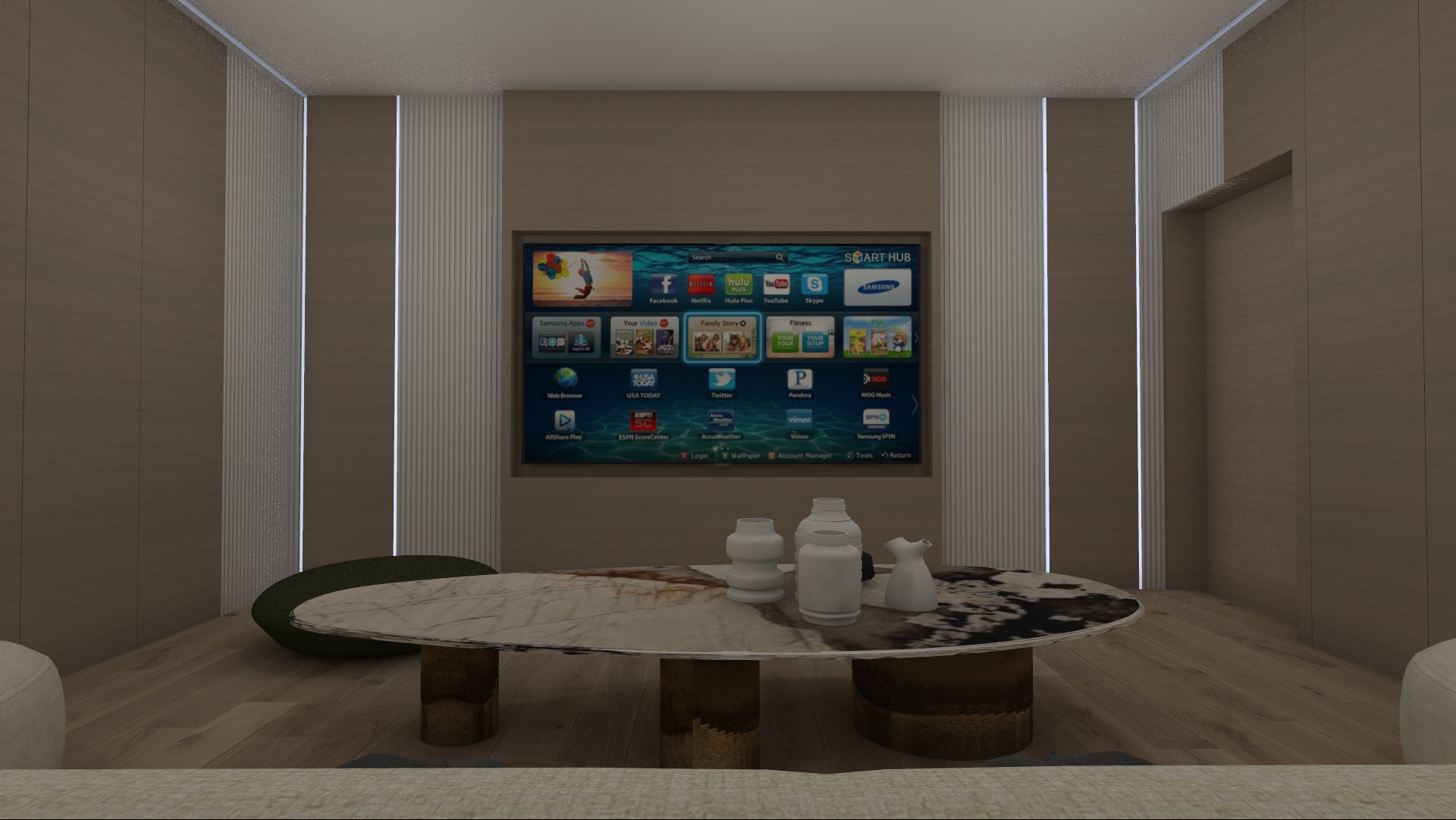 Wizualizacja salonu z dużym telewizorem z aplikacjami Smart Hub, marmurowym stolikiem kawowym z ceramicznymi wazonami i drewnianymi panelami ściennymi z pionowymi paskami.