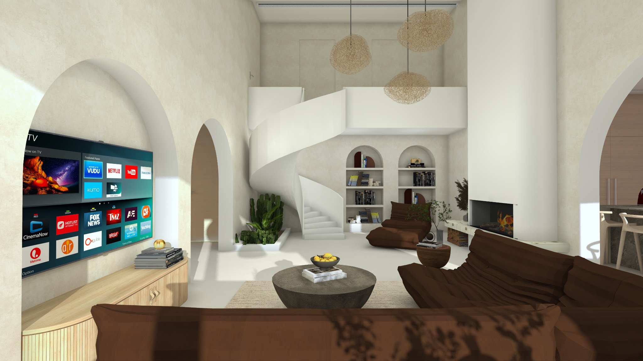 Wizualizacja przestronnego salonu w Warszawie z wysokim sufitem, spiralnymi schodami, kominkiem i telewizorem wyświetlającym aplikacje VOD, oświetlonego trzema plecionymi lampami wiszącymi.