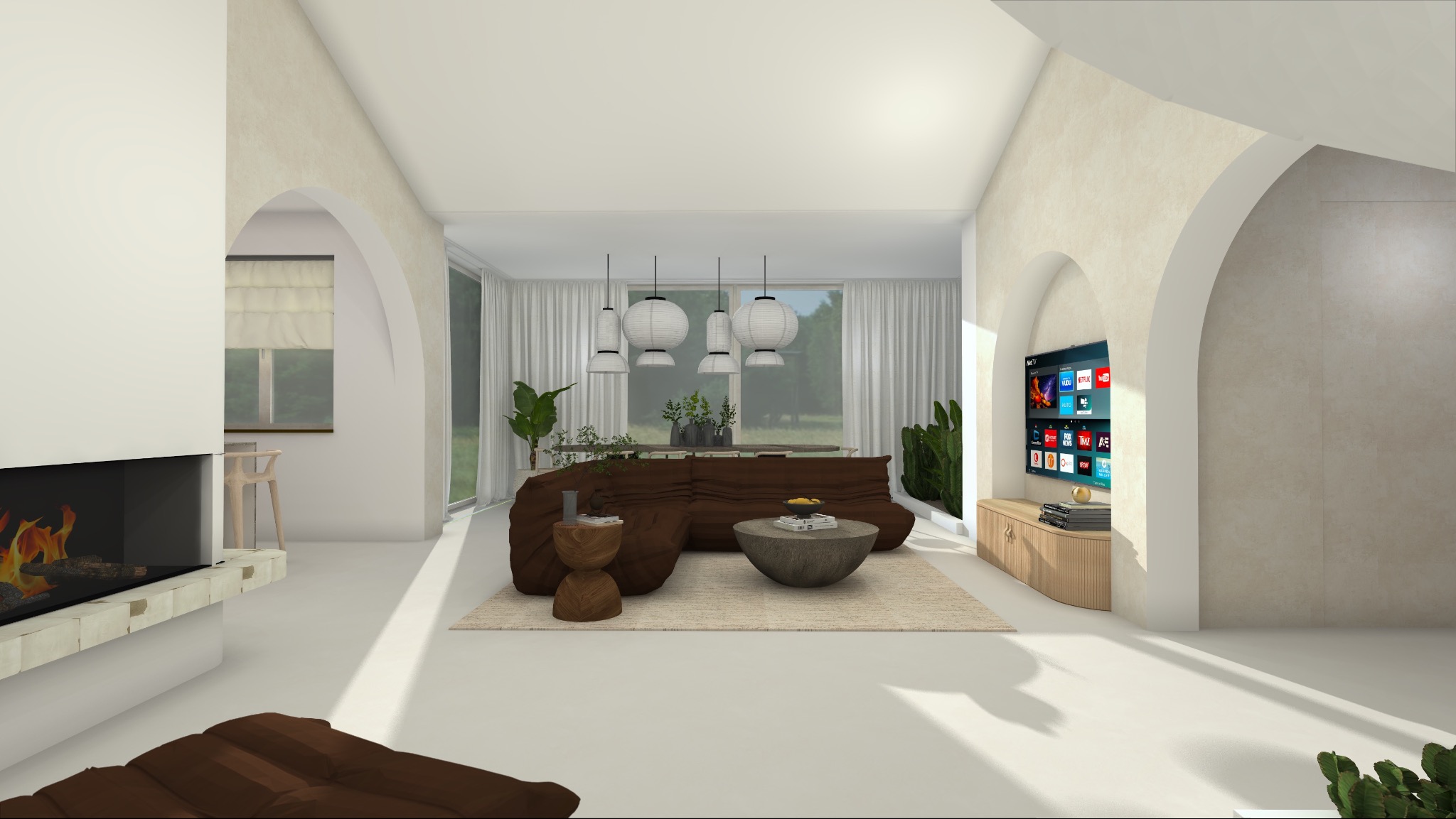Wizualizacja przestronnego salonu z kominkiem, brunatną sofą, kamiennym stolikiem kawowym i telewizorem w niszy wykończonej łukiem, oświetlonego wiszącymi lampami w stylu japońskim.