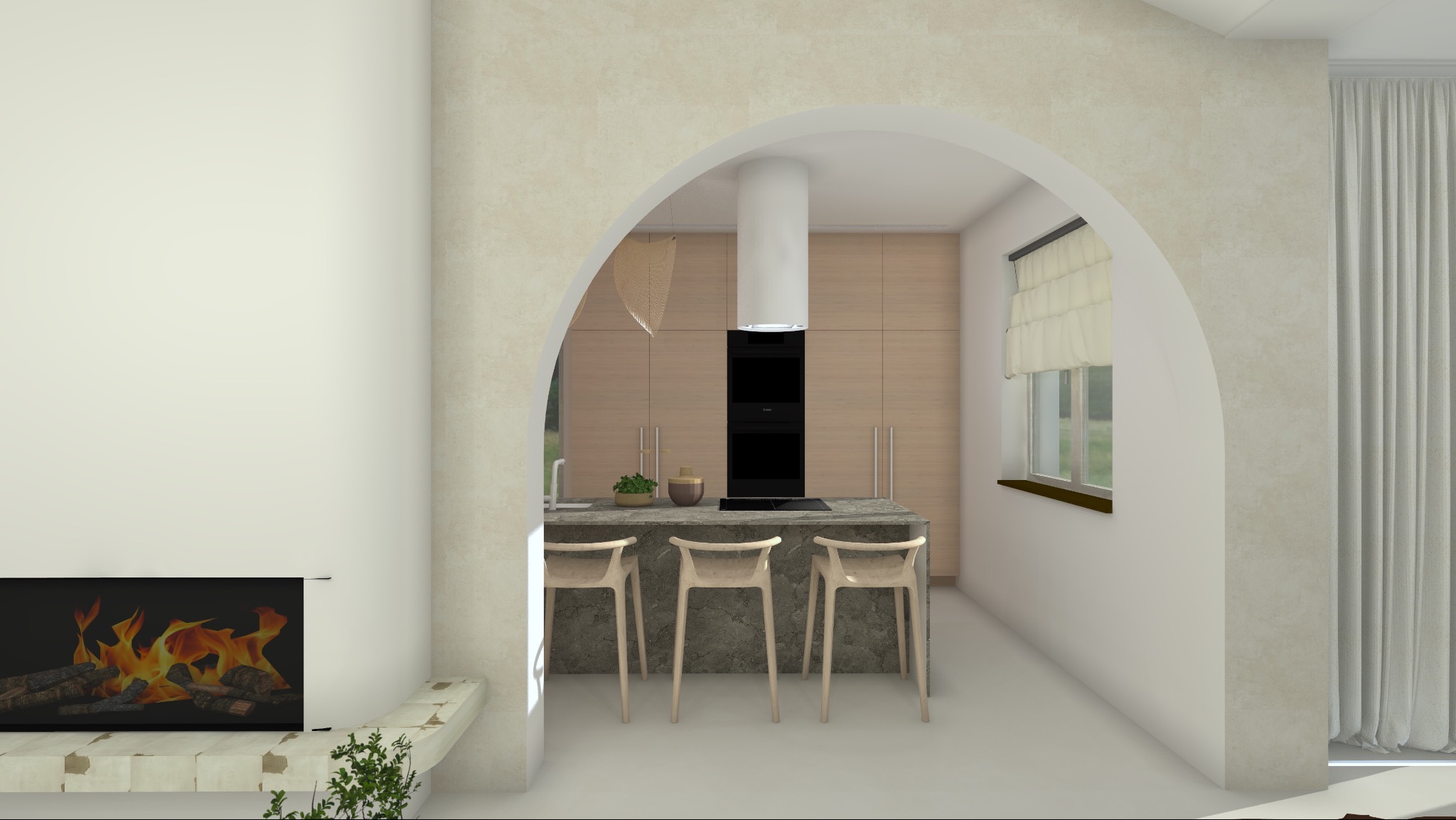 Wizualizacja kuchni z wyspą, trzema krzesłami barowymi, nowoczesnym kominkiem i dekoracyjnym łukiem w przejściu.
