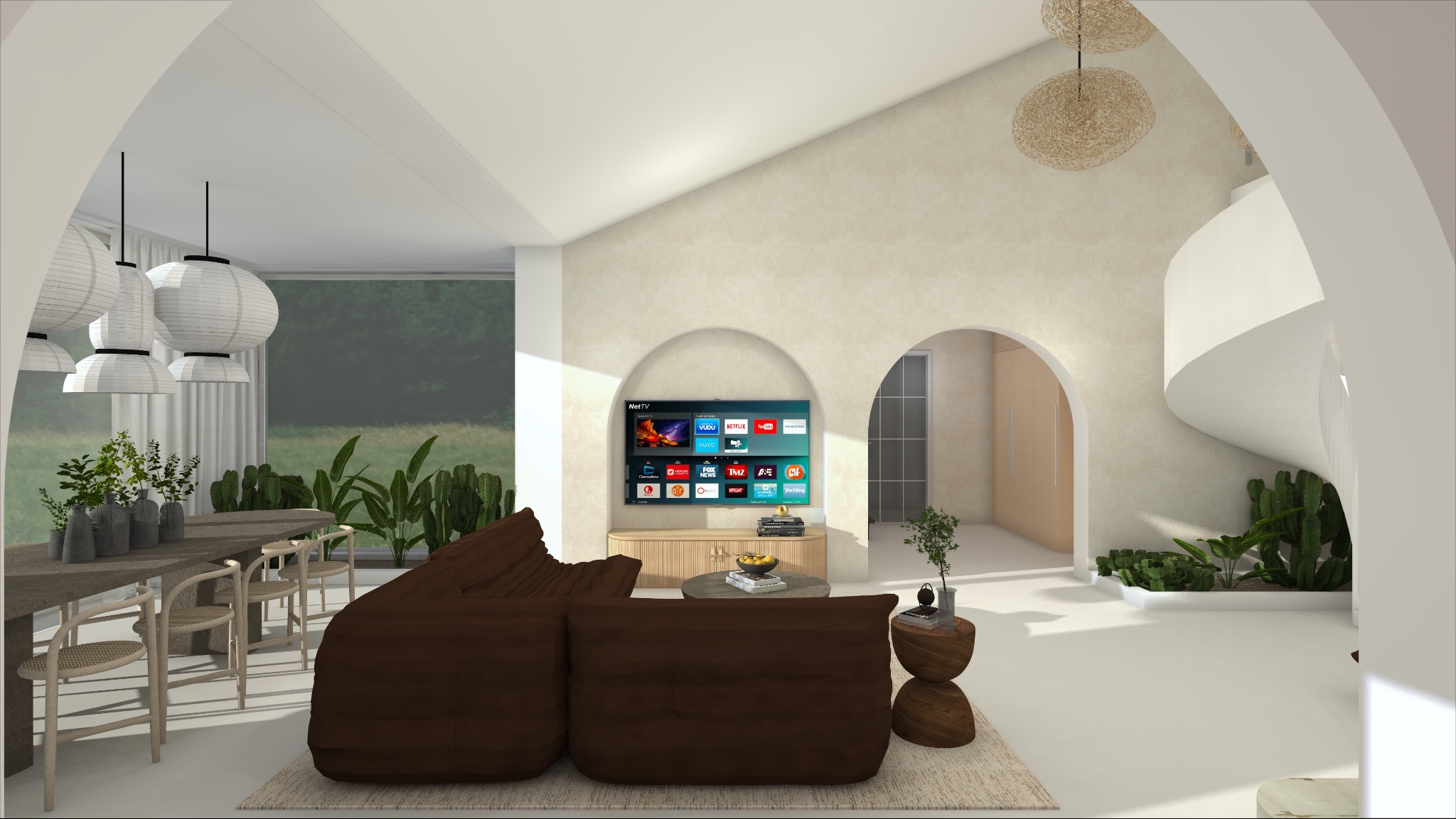 Wizualizacja wnętrza domu z otwartą przestrzenią, gdzie dominuje brązowa sofa, stół z krzesłami, telewizor w niszy łukowej i spiralne schody z roślinami.