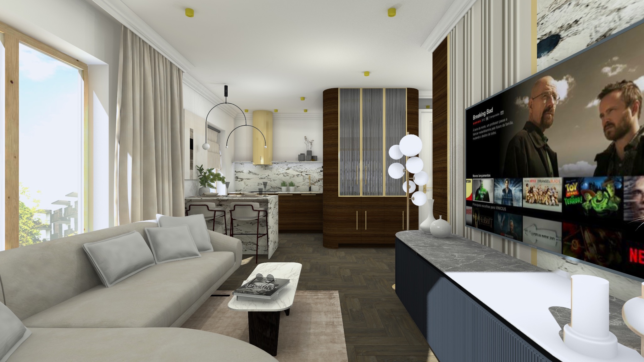 Wizualizacja salonu z aneksem kuchennym, beżowa sofa z poduszkami, marmurowy stolik kawowy z książką i okularami, telewizor z włączonym serialem Breaking Bad, marmurowa wyspa kuchenna z hokerami...