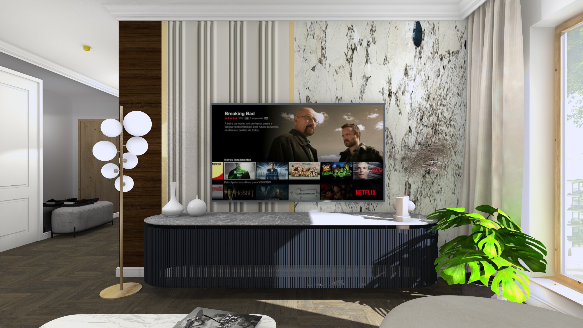 Wizualizacja salonu z telewizorem wyświetlającym serial Breaking Bad, marmurową ścianą akcentową i nowoczesną lampą podłogową z kulistymi kloszami. Na szafce RTV ustawione są dekoracyjne wazony...
