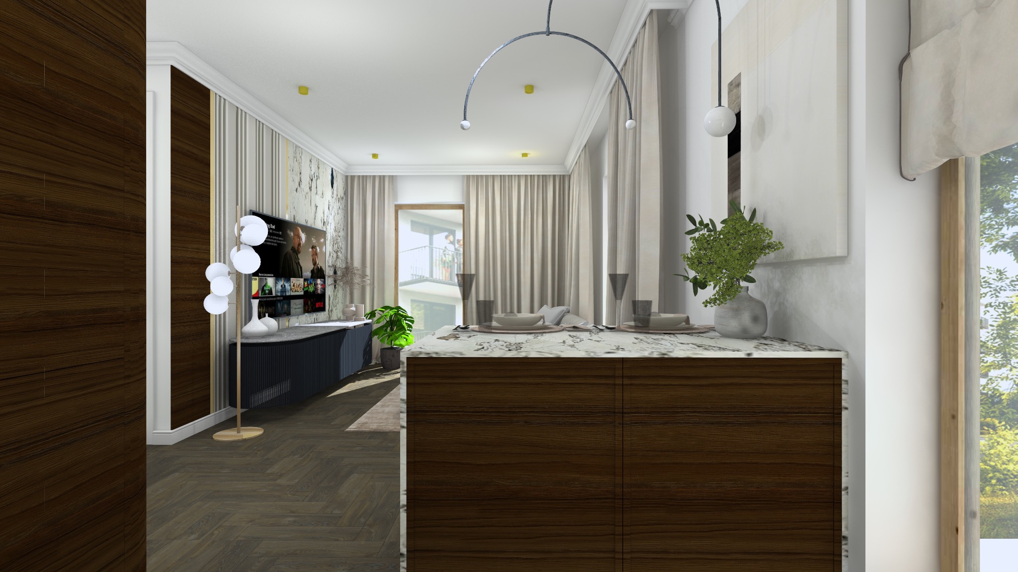 Wnętrze mieszkania z elementami drewna: parkiet w jodełkę, drewniana ściana i wyspa kuchenna z marmurowym blatem, widok na salon z telewizorem i lampą kulową, okno z roletą rzymską i widokiem...