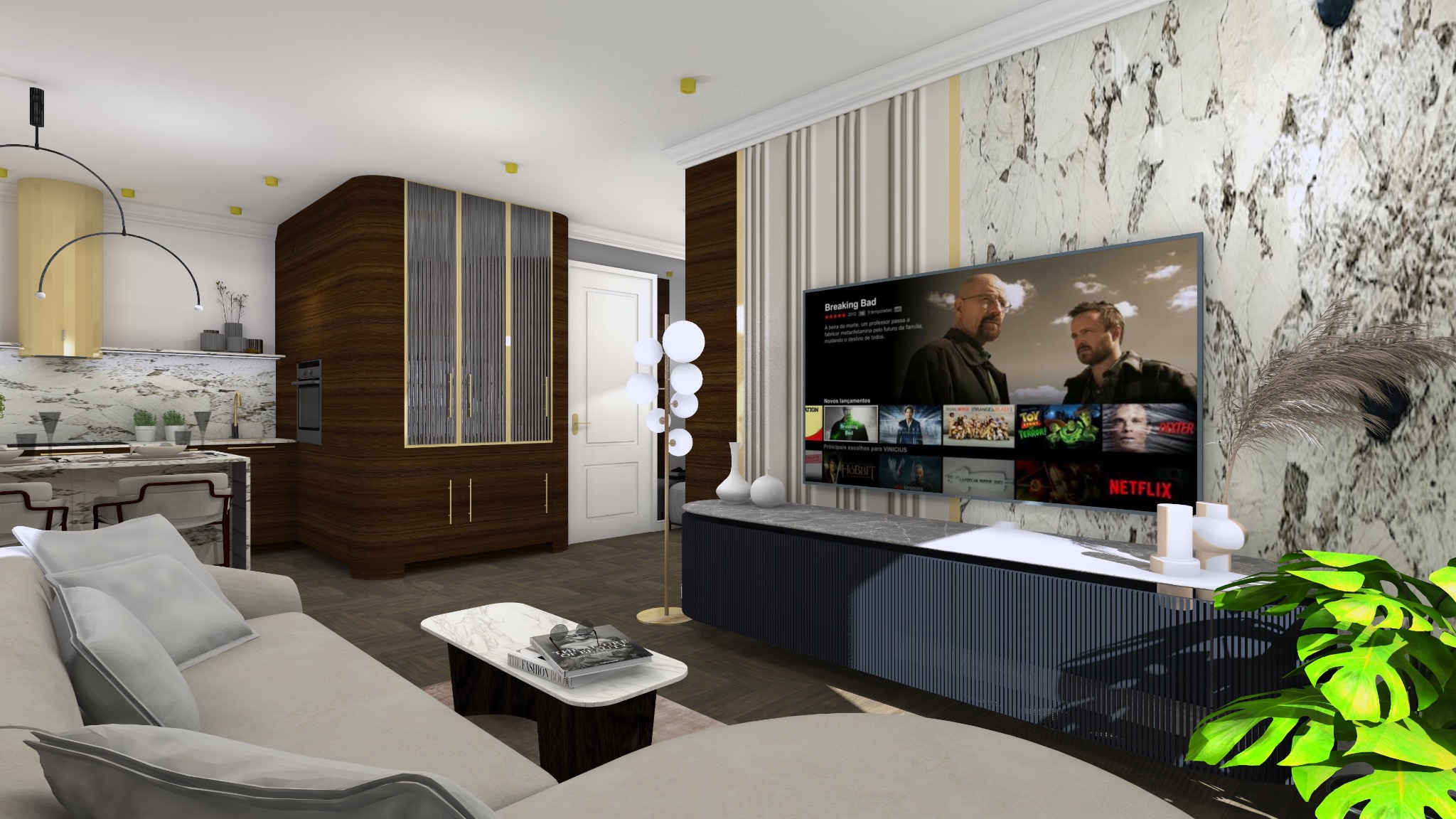 Wizualizacja salonu z aneksem kuchennym, sofa z poduszkami, marmurowy stolik kawowy z książkami, szafka RTV z telewizorem, dekoracje, rośliny, marmurowe ściany i podłoga z parkietem.