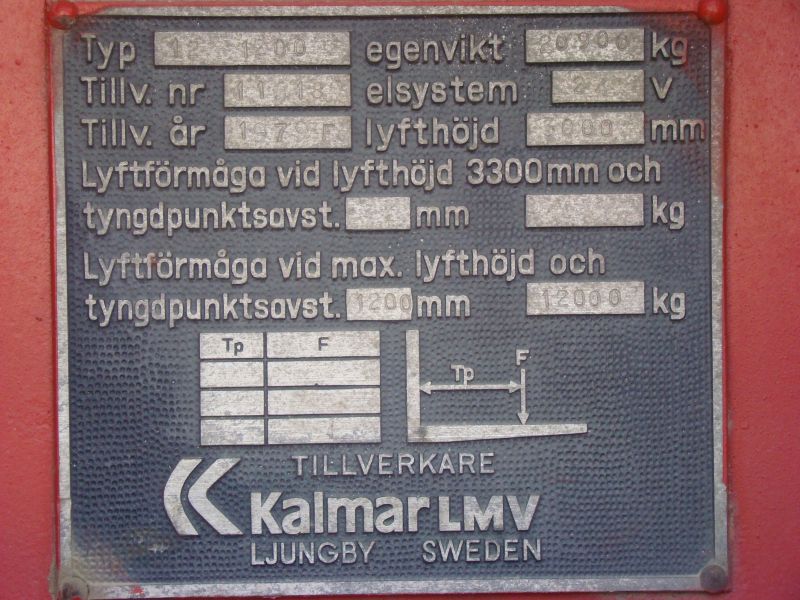 Tabliczka znamionowa wózka widłowego Kalmar LMV 12-1200 z danymi technicznymi, w tym udźwig, rok produkcji i wymiary, umieszczona na czerwonej powierzchni.