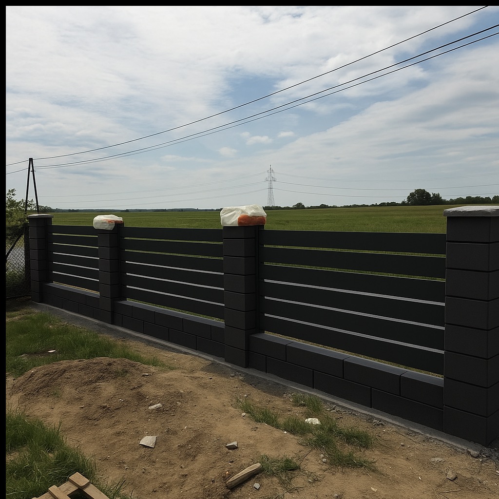 Nowoczesne, grafitowe ogrodzenie panelowe z poziomymi, jasnymi akcentami, na tle zielonego pola i błękitnego nieba z liniami energetycznymi.