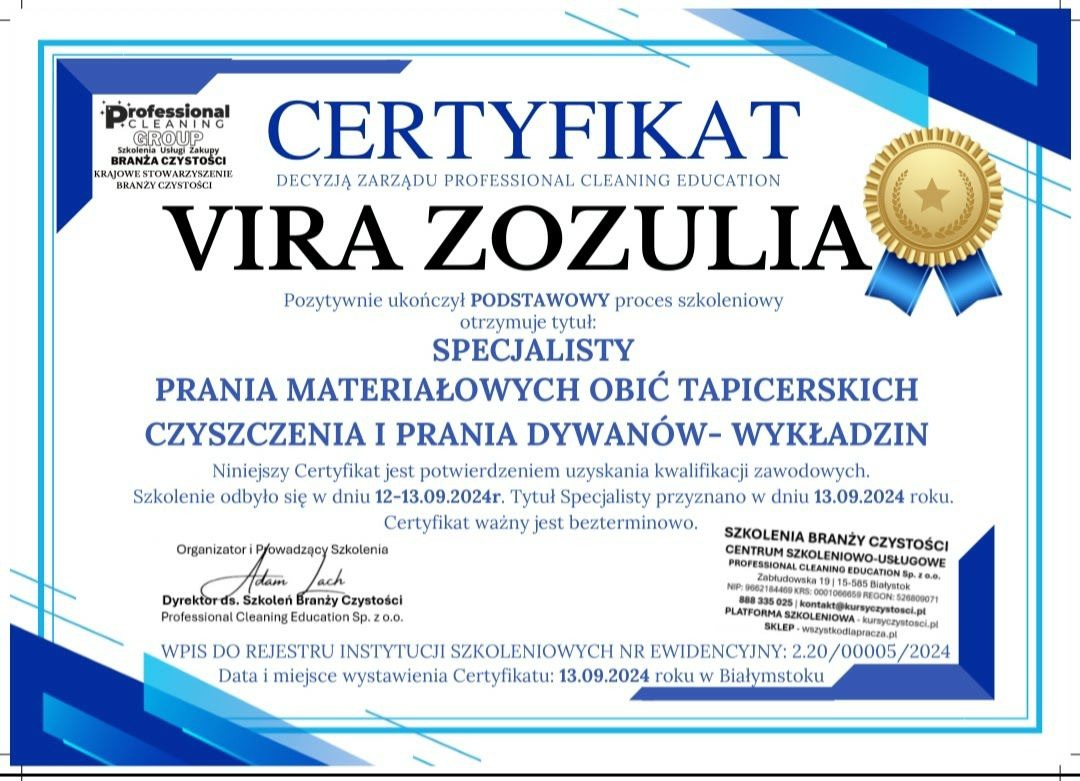 Certyfikat ukończenia szkolenia specjalistycznego z zakresu czyszczenia i prania materiałów obiciowych, dywanów i wykładzin, wystawiony przez Professional Cleaning Education.