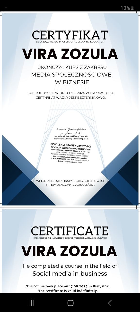 Skan certyfikatu ukończenia kursu z zakresu mediów społecznościowych w biznesie, wydany przez Professional Cleaning Education Sp. z o.o. dla Vira Zozula, ważny bezterminowo.