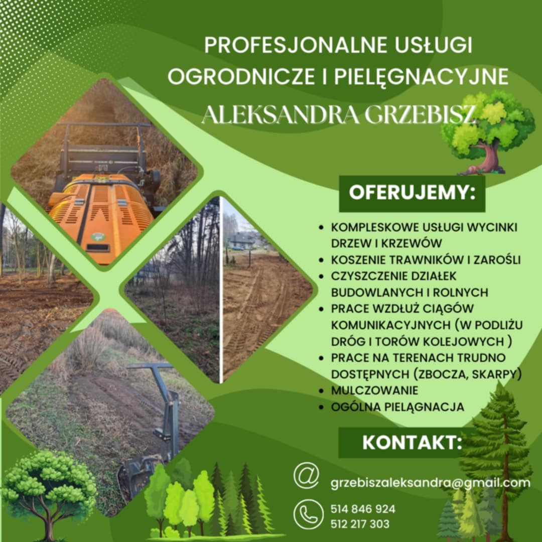 Plakat reklamowy usług ogrodniczych i pielęgnacyjnych z ilustracjami sprzętu do prac w ogrodzie, w tym pomarańczowej kosiarki mulczującej i traktora.