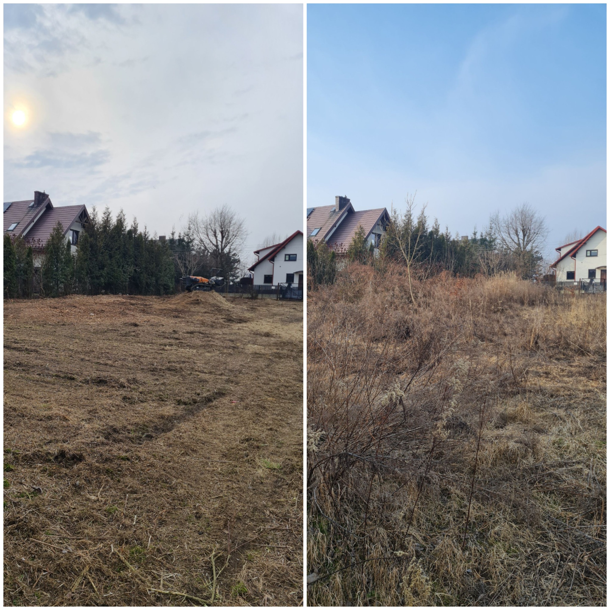 Dwa ujęcia tego samego terenu przed i po wykonaniu prac porządkowych, gdzie po lewej stronie widać świeżo skoszoną trawę i resztki po wycince, a po prawej stronie teren przed rozpoczęciem prac...