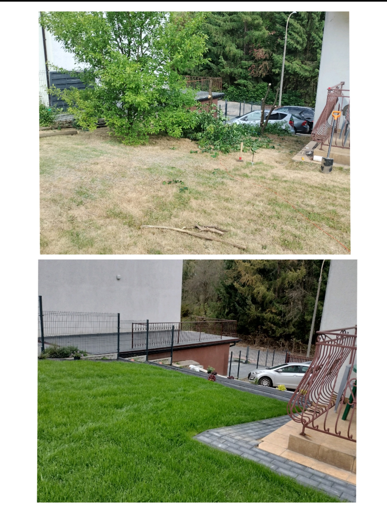 Porównanie stanu trawnika przed i po renowacji: wysuszona trawa z widocznymi gałęziami i narzędziami ogrodniczymi kontra gęsty, zielony trawnik z nową kostką brukową i zadbaną zielenią.