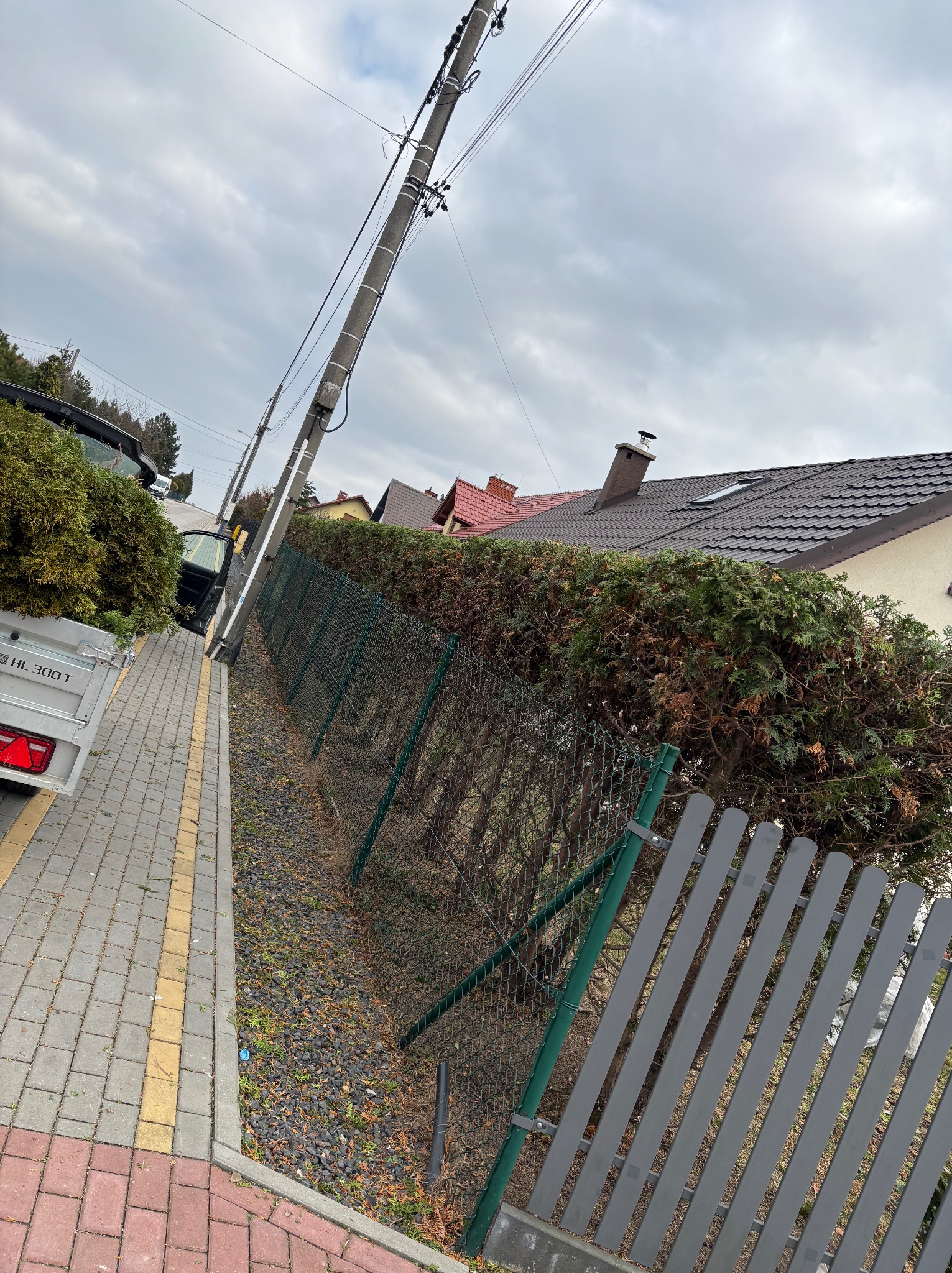 Przyczepa z zielonymi gałęziami zaparkowana na chodniku obok żywopłotu i szarego ogrodzenia panelowego, widok na domy pod pochmurnym niebem.