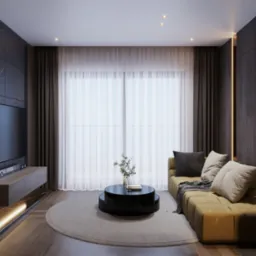 Nowoczesny salon z ciemnymi drewnianymi panelami, telewizorem na ścianie, beżową sofą z poduszkami i okrągłym stolikiem kawowym na okrągłym dywanie.