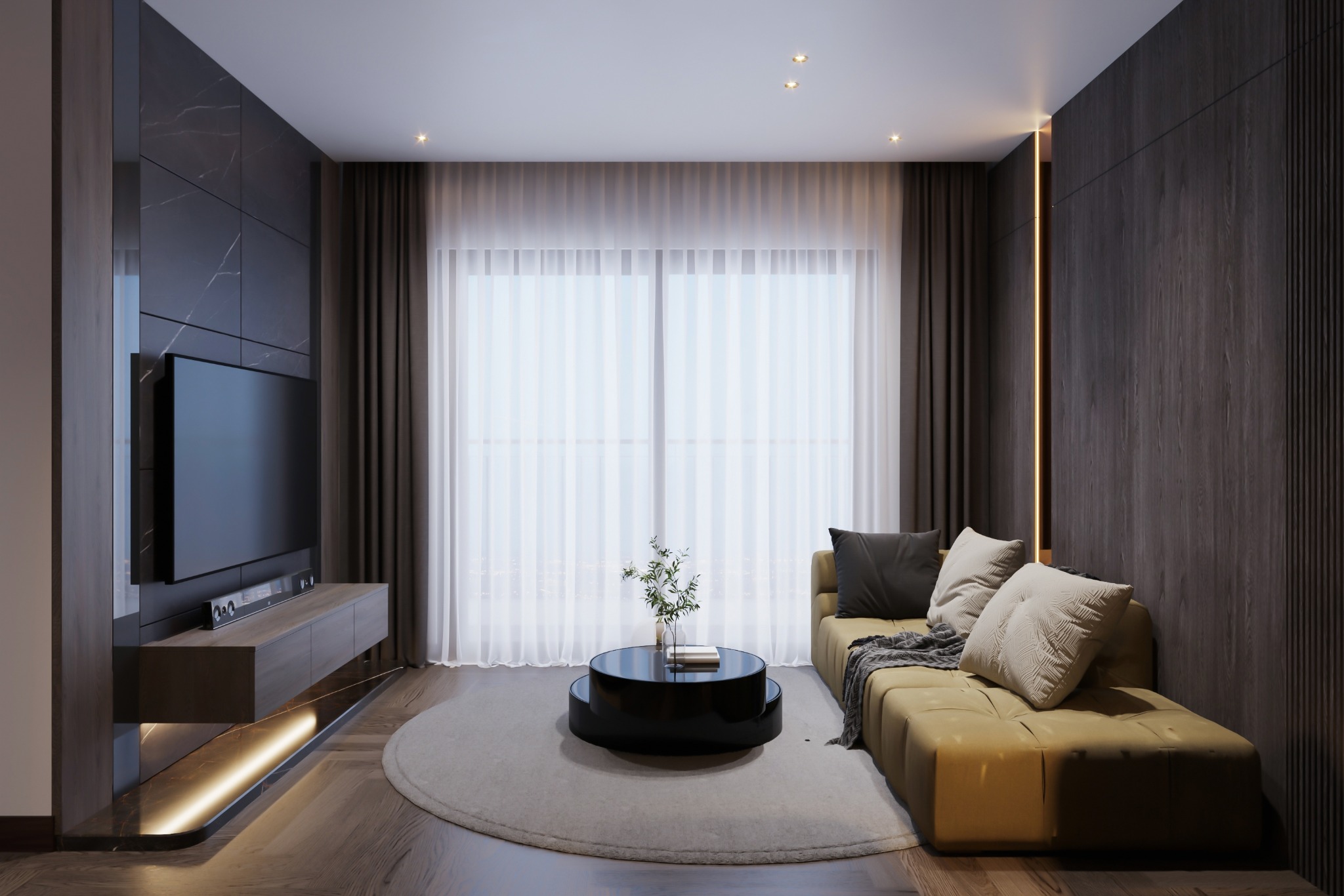 Nowoczesny salon z ciemnymi drewnianymi panelami, telewizorem na ścianie, beżową sofą z poduszkami i okrągłym stolikiem kawowym na okrągłym dywanie.