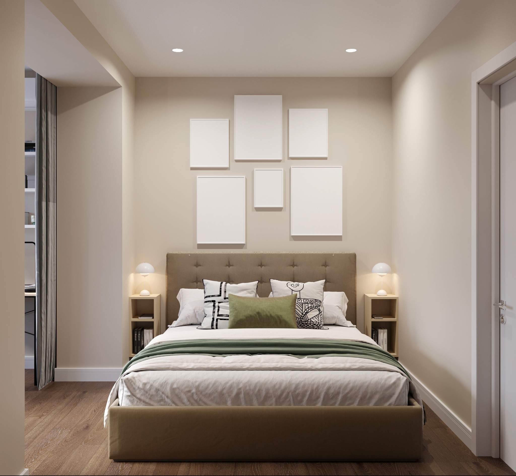 Neutralna sypialnia z łóżkiem w kolorze taupe, zielonym pledem, wzorzystymi poduszkami i galerią pustych ramek na ścianie.