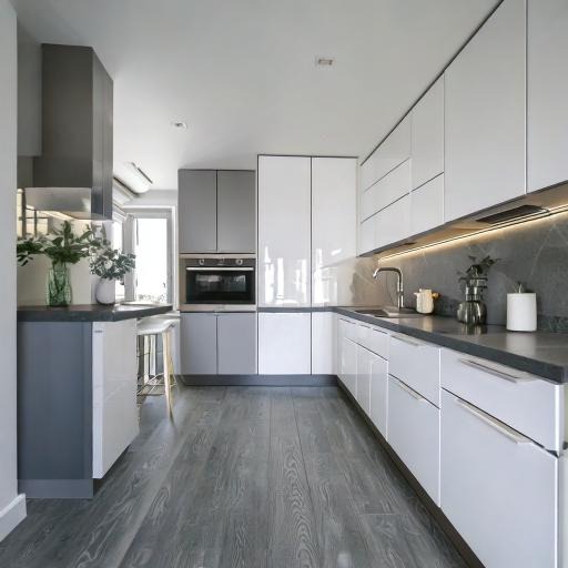 Nowoczesna kuchnia w odcieniach szarości i bieli z błyszczącymi frontami szafek, podświetleniem LED pod szafkami wiszącymi i drewnianą podłogą w odcieniu szarości, widok z perspektywy podłogi.