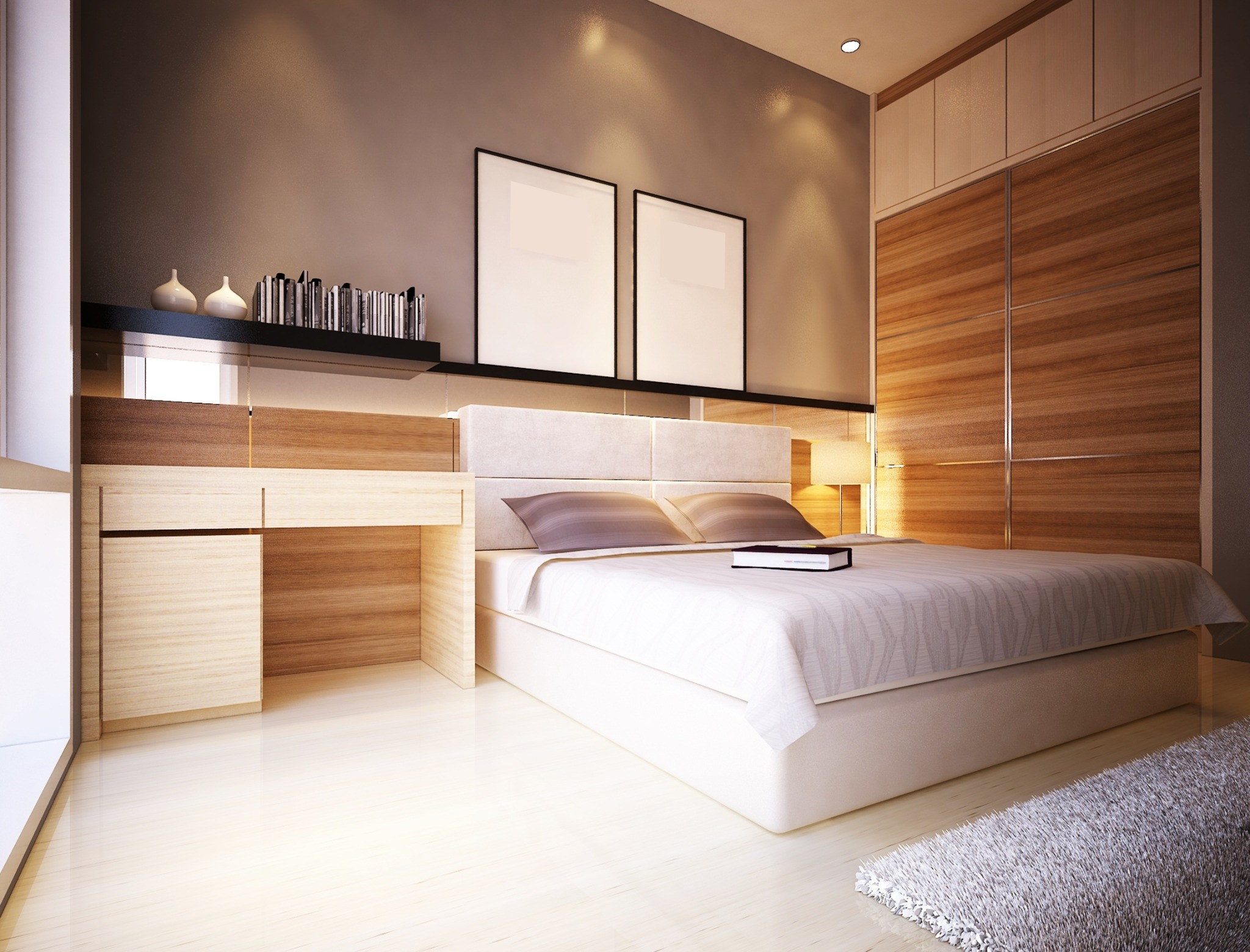 Nowoczesna sypialnia z dużym łóżkiem, biurkiem i szafą w zabudowie, oświetlona punktowymi lampami, z dekoracyjnymi elementami na półce nad łóżkiem, uzupełniona dwoma pustymi ramkami na ścianie.