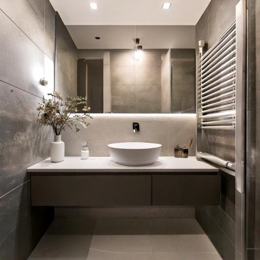 Nowoczesna łazienka z okrągłą umywalką na blacie, podświetlanym lustrem i grzejnikiem drabinkowym w odcieniach szarości, uzupełniona wazonem z suchymi kwiatami i minimalistycznymi akcesoriami.