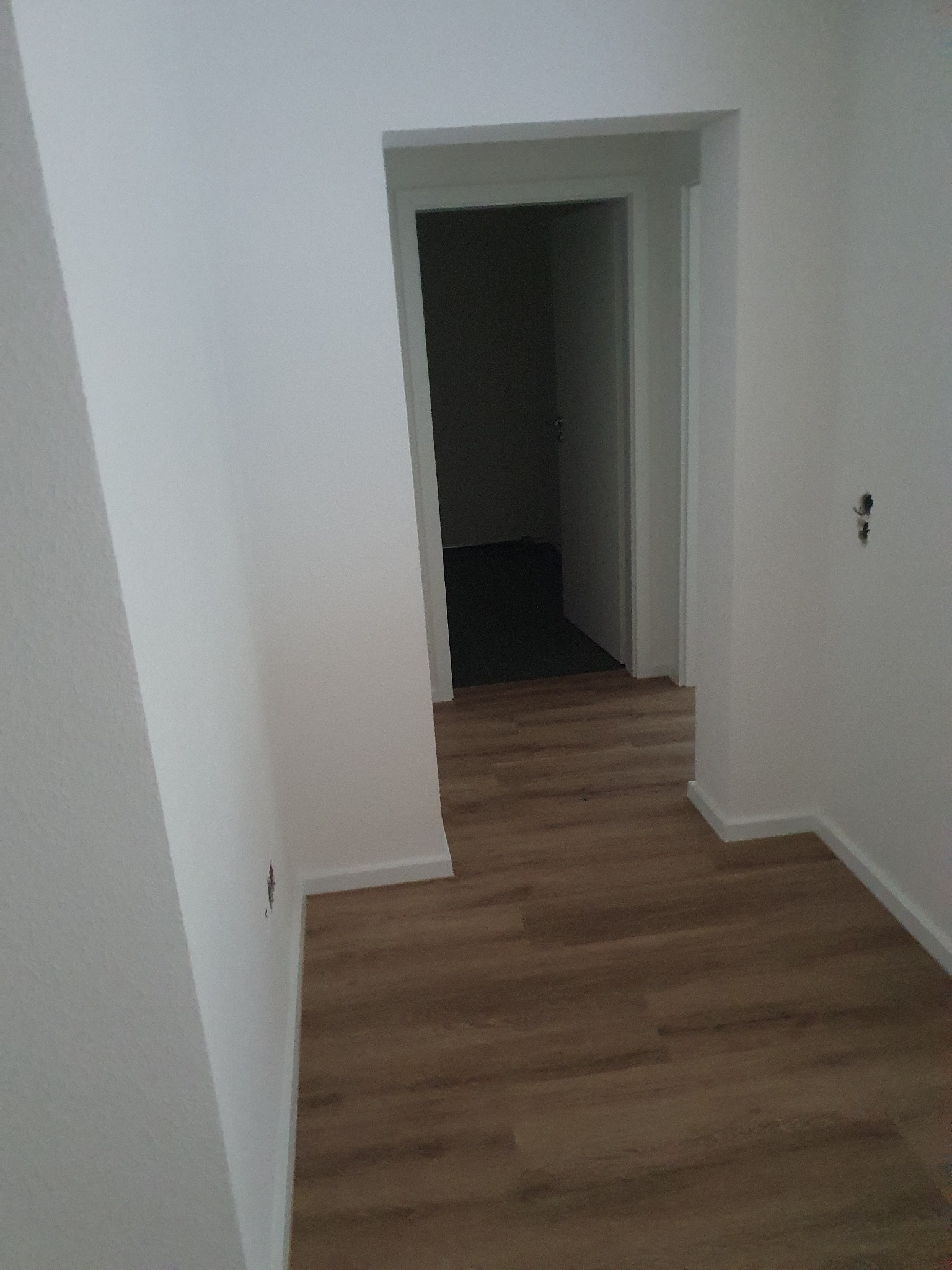 Jasne panele podłogowe w korytarzu z białymi ścianami i otwartymi drzwiami. Widoczne gniazdko elektryczne na ścianie. Minimalistyczny design wnętrza.