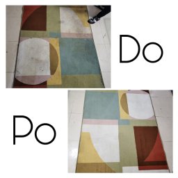 MasterClean - Dywan z geometrycznym wzorem w odcieniach brązu, zieleni i beżu, podzielony na dwie części: górna pokazuje stan przed czyszczeniem, z widocznymi plamami, dolna po czyszczeniu, z odświeżonymi...