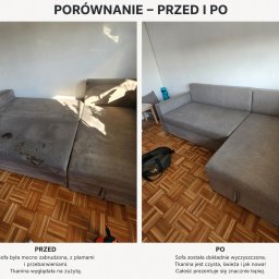 MasterClean - Porównanie: narożnik przed i po czyszczeniu. Po lewej widoczne plamy i zabrudzenia, po prawej czysta, odświeżona tapicerka. Parkiet w jodełkę.