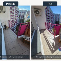MasterClean - Balkon przed i po czyszczeniu: zabrudzone płytki kontra schludna przestrzeń gotowa do relaksu, z widokiem na budynek mieszkalny w tle.