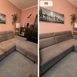 MasterClean - Sofa narożna z widoczną różnicą w czystości tapicerki przed i po zabiegu czyszczenia. Po lewej stronie widoczny brud, po prawej czysta tapicerka.