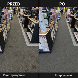 MasterClean - Zdjęcie dywanu w sklepie przed i po czyszczeniu. Widoczne różnice w czystości między lewą (przed) a prawą (po) stroną. Ujęcie z perspektywy osoby stojącej.