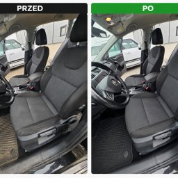 MasterClean - Tapicerka samochodowa przed i po czyszczeniu. Widoczne fotele i dywaniki w aucie, po lewej stronie zabrudzone, po prawej czyste. Ujęcie z wnętrza pojazdu.