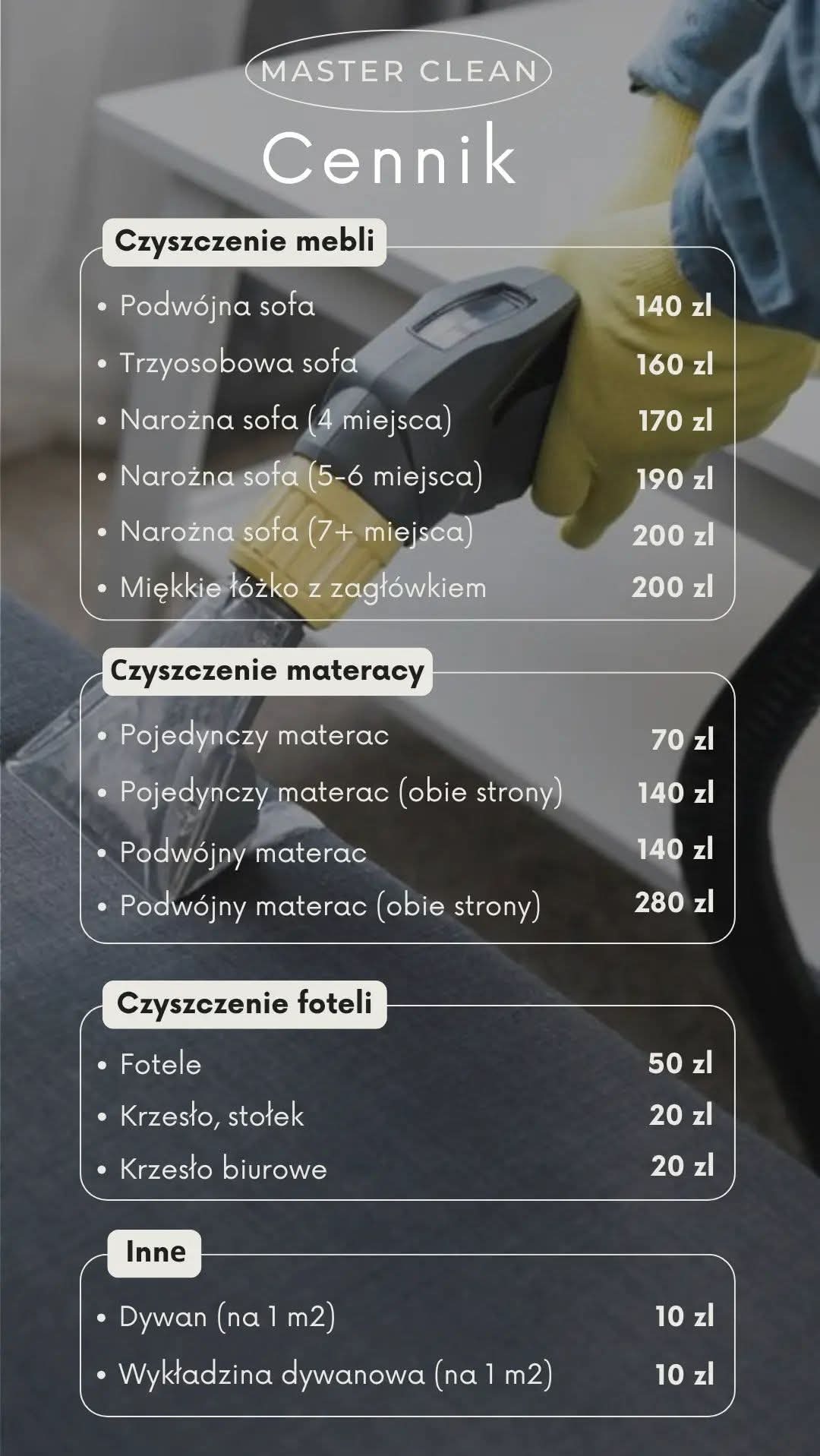 Cennik usług firmy Master Clean, obejmujący czyszczenie mebli tapicerowanych, materacy, foteli oraz dywanów i wykładzin.