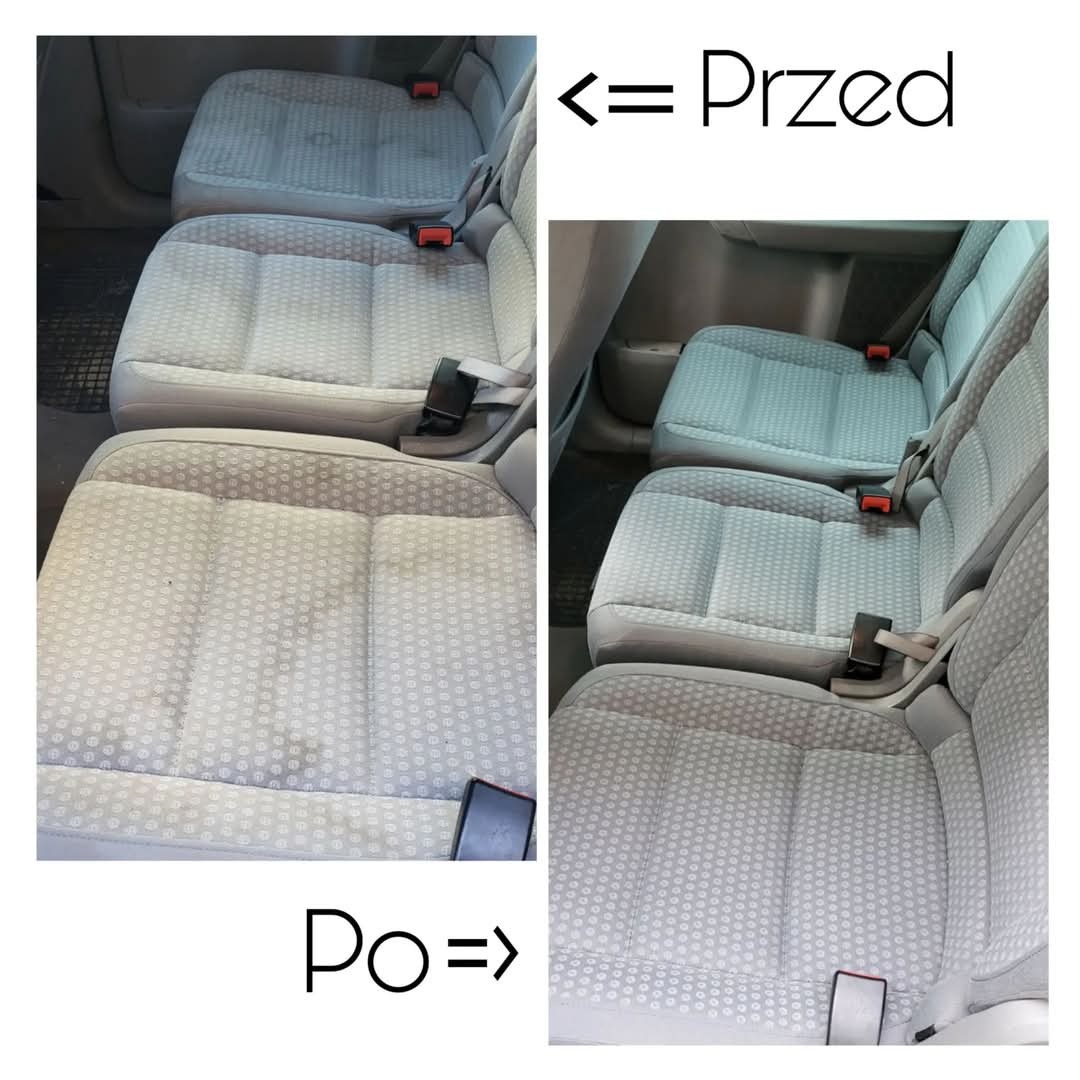 Porównanie foteli samochodowych przed i po czyszczeniu: po lewej stronie widoczne silne zabrudzenia, po prawej - czysta tapicerka z regularnym wzorem.