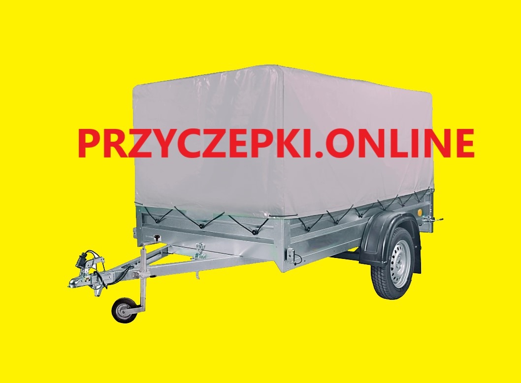 Przyczepa samochodowa z plandeką na jaskrawym tle w Sopocie, z nałożonym tekstem 'przyczepki.online'.