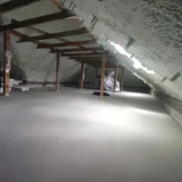 Poddasze po ociepleniu pianką PUR, widoczne drewniane elementy konstrukcyjne i biała pianka na skosach dachu, fragment podłogi z betonu.