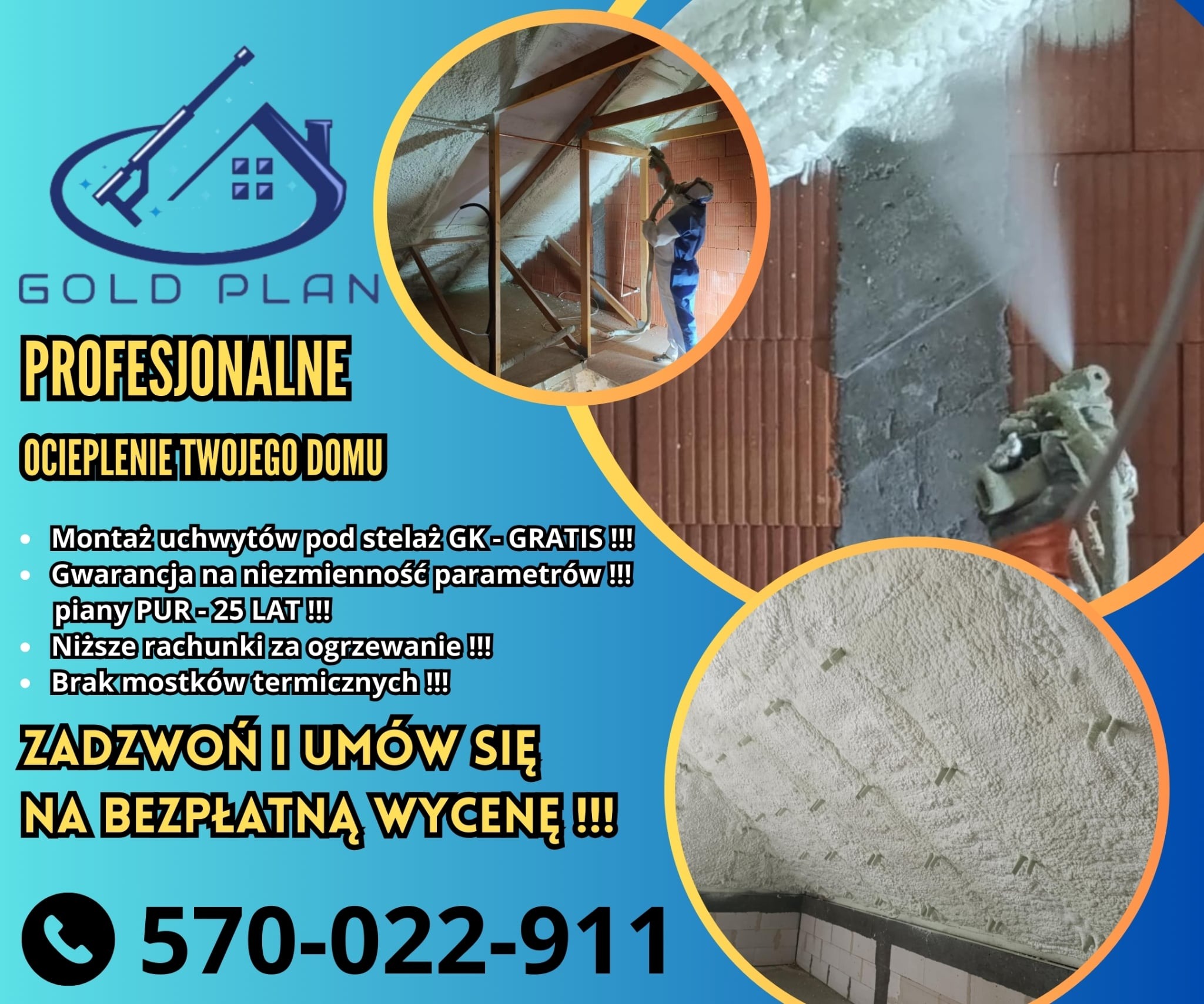 Grafika reklamowa prezentująca proces natrysku pianki izolacyjnej w poddaszu, widoczny pracownik w kombinezonie ochronnym aplikujący piankę na konstrukcję dachu, z fragmentami muru z cegły...