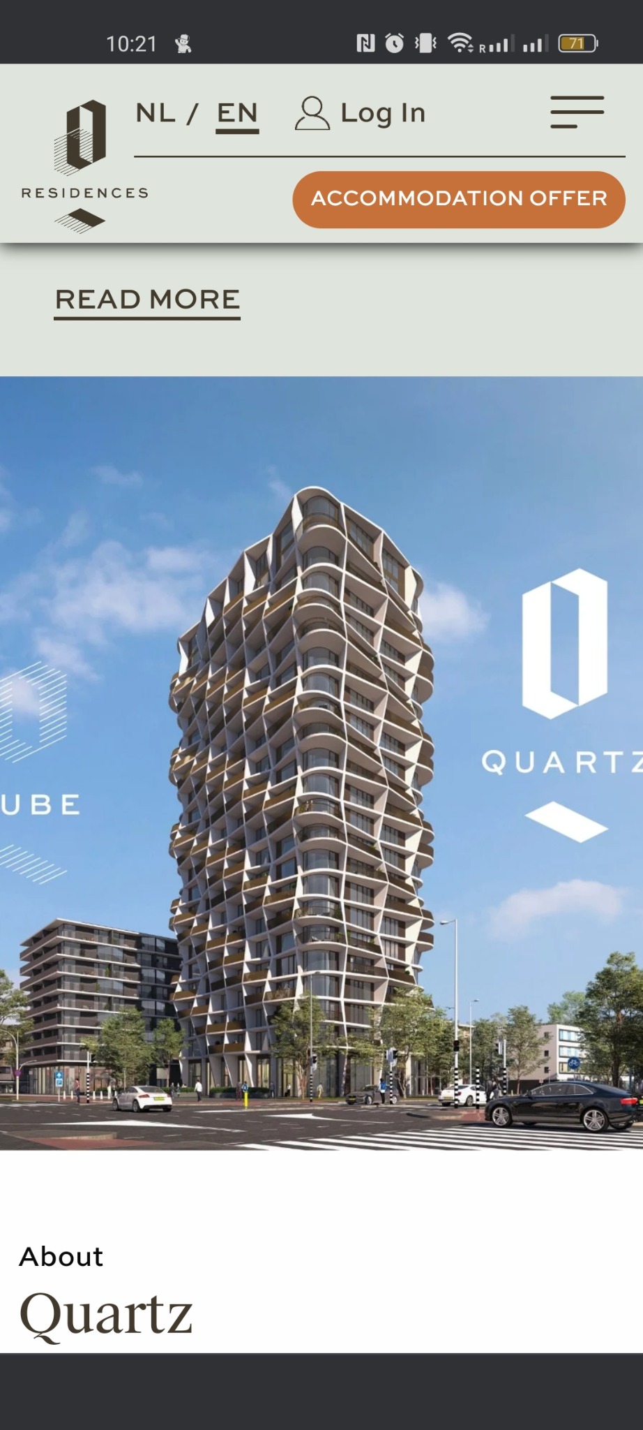 Wizualizacja nowoczesnego apartamentowca Quartz w Częstochowie, z charakterystyczną białą fasadą i balkonami, na tle błękitnego nieba.