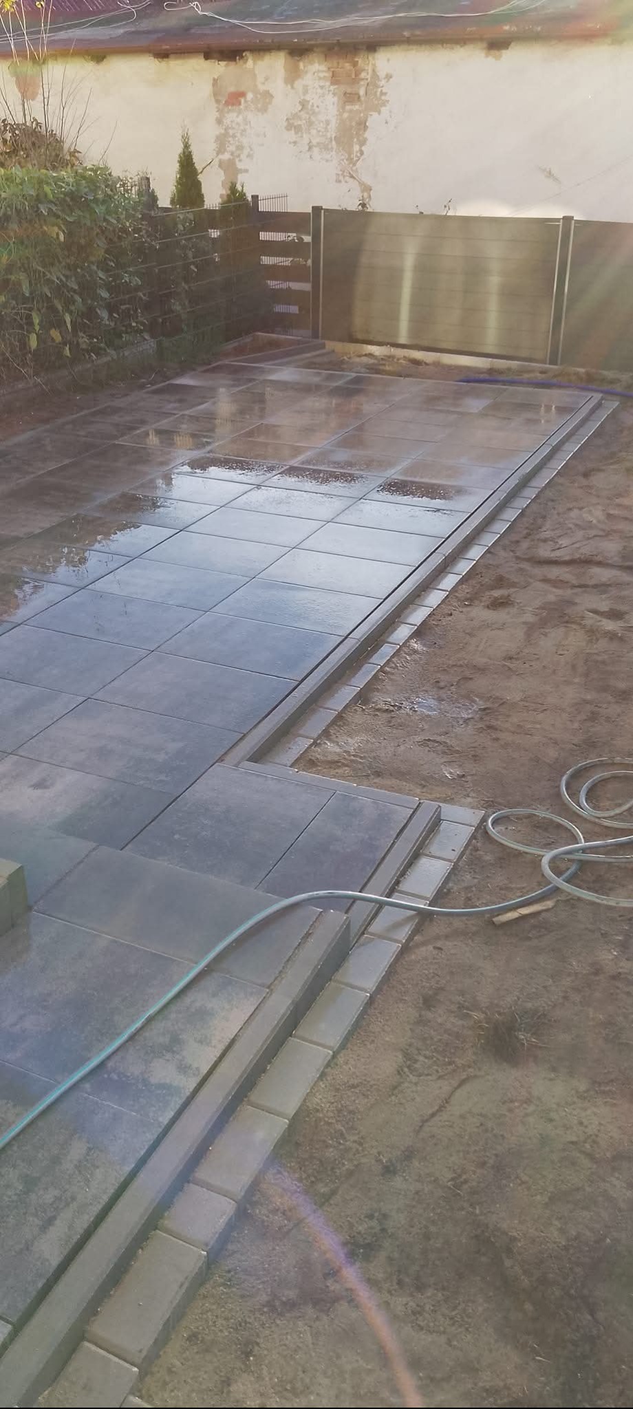 Układanie kwadratowej kostki brukowej w ogrodzie, widoczny fragment nawierzchni i obrzeża, w tle ogrodzenie i zieleń. Kostka jest mokra, co podkreśla jej kolor.