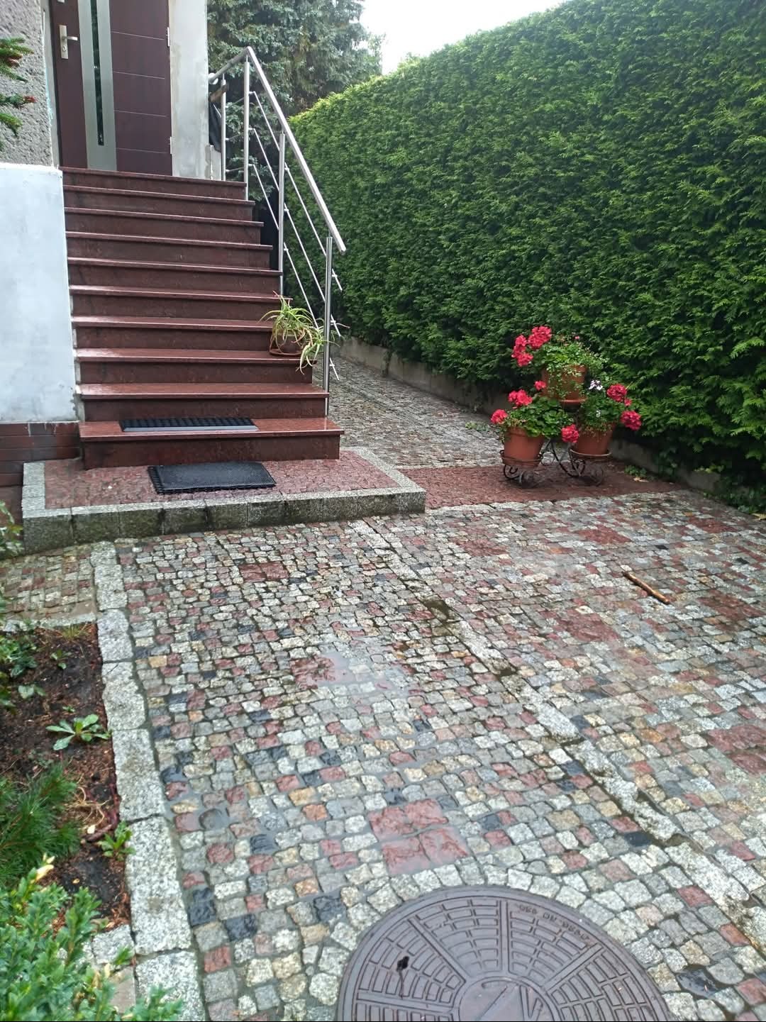 Ułożona z kostki granitowej ścieżka prowadząca do schodów wejściowych z metalową barierką, obok żywopłot i kwiaty w donicach. Widoczny właz kanalizacyjny.