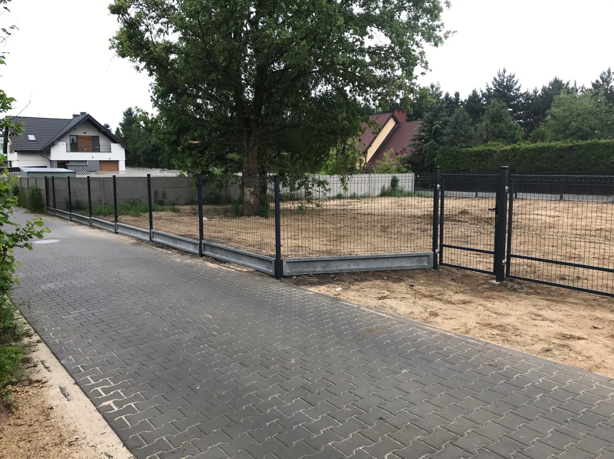 Nowoczesne ogrodzenie panelowe w kolorze grafitowym, z bramą wjazdową, oddzielające posesję od chodnika z kostki brukowej. W tle dom i zieleń.