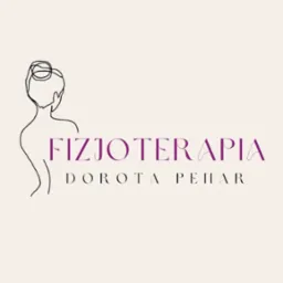 Eleganckie logo z minimalistycznym rysunkiem sylwetki kobiety i fioletowym napisem 'FIZJOTERAPIA Dorota Pehar' na kremowym tle.