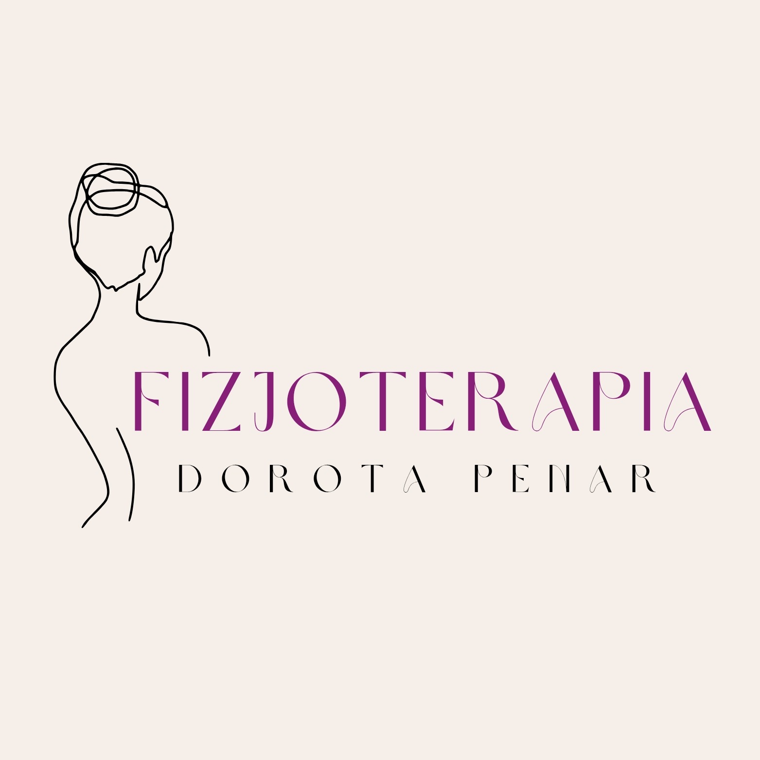 Eleganckie logo z minimalistycznym rysunkiem sylwetki kobiety i fioletowym napisem 'FIZJOTERAPIA Dorota Pehar' na kremowym tle.