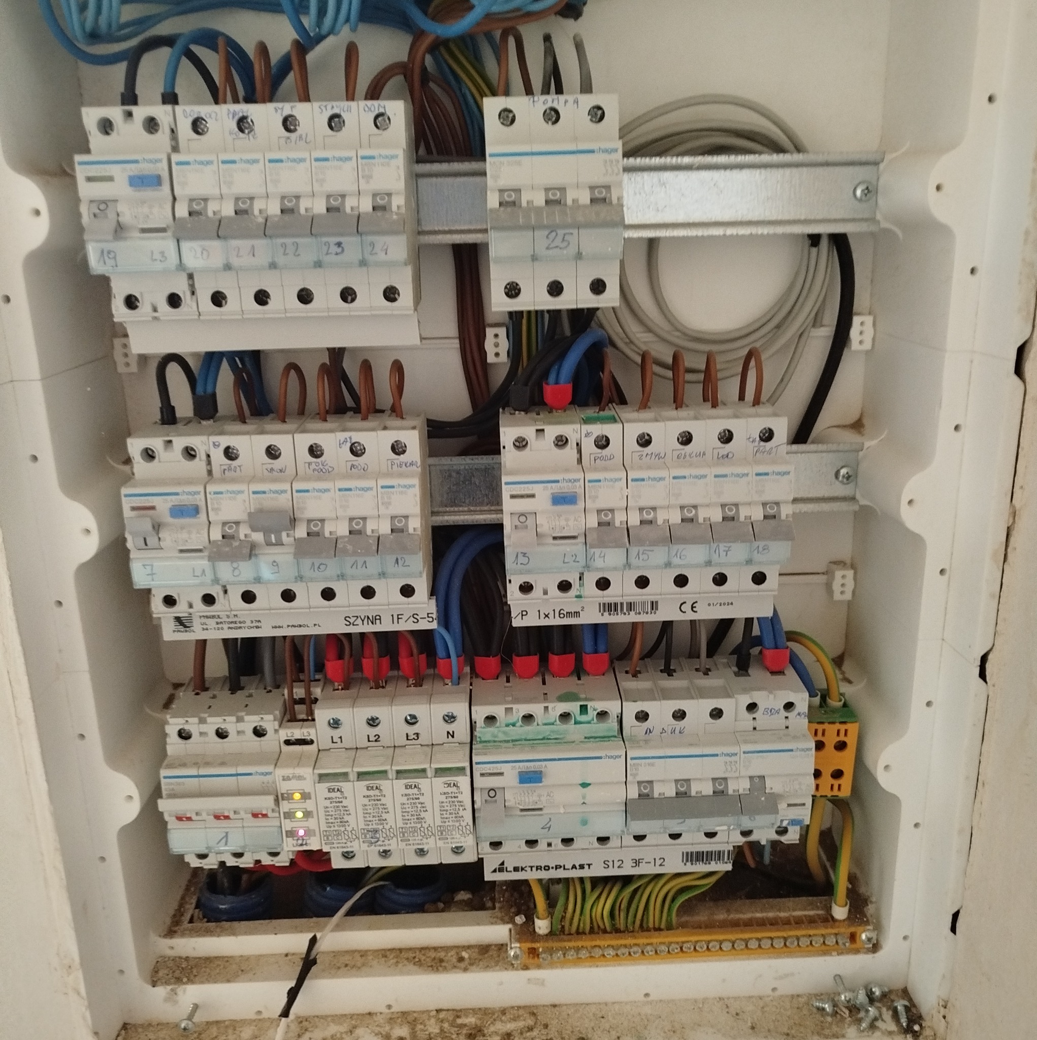 Rozdzielnica elektryczna z zamontowanymi bezpiecznikami, okablowaniem i szynami. Widoczne oznaczenia i napisy na elementach. Całość w białej obudowie.