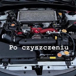 Ice Crystals Sebastian Sobieraj - Wnętrze komory silnika Subaru Impreza po zabiegach czyszczących, widoczne elementy silnika w odcieniach czerwieni, czerni i srebra.