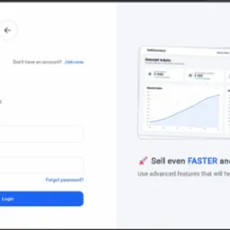 Panel logowania do systemu SwiftCommerce z widocznymi statystykami kokpitu sklepu internetowego, prezentującymi wzrost przychodów i liczby klientów.