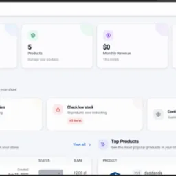 Panel administracyjny sklepu internetowego SwiftCommerce: statystyki zamówień, produktów, przychodów, niskich stanów magazynowych i konfiguracji. Widok dashboard z danymi e-commerce.