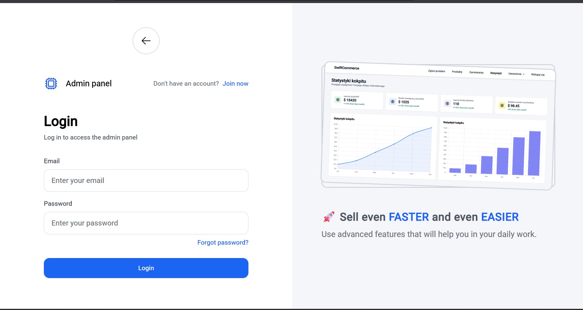 Panel logowania do systemu SwiftCommerce z widocznymi statystykami kokpitu sklepu internetowego, prezentującymi wzrost przychodów i liczby klientów.